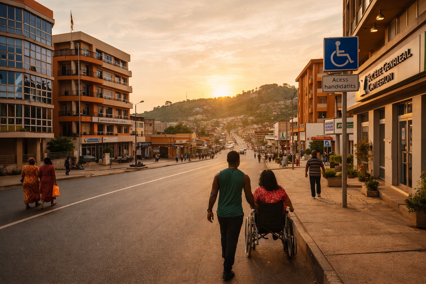 Rue de Bafoussam Cameroun avec panneau accessibilité handicap