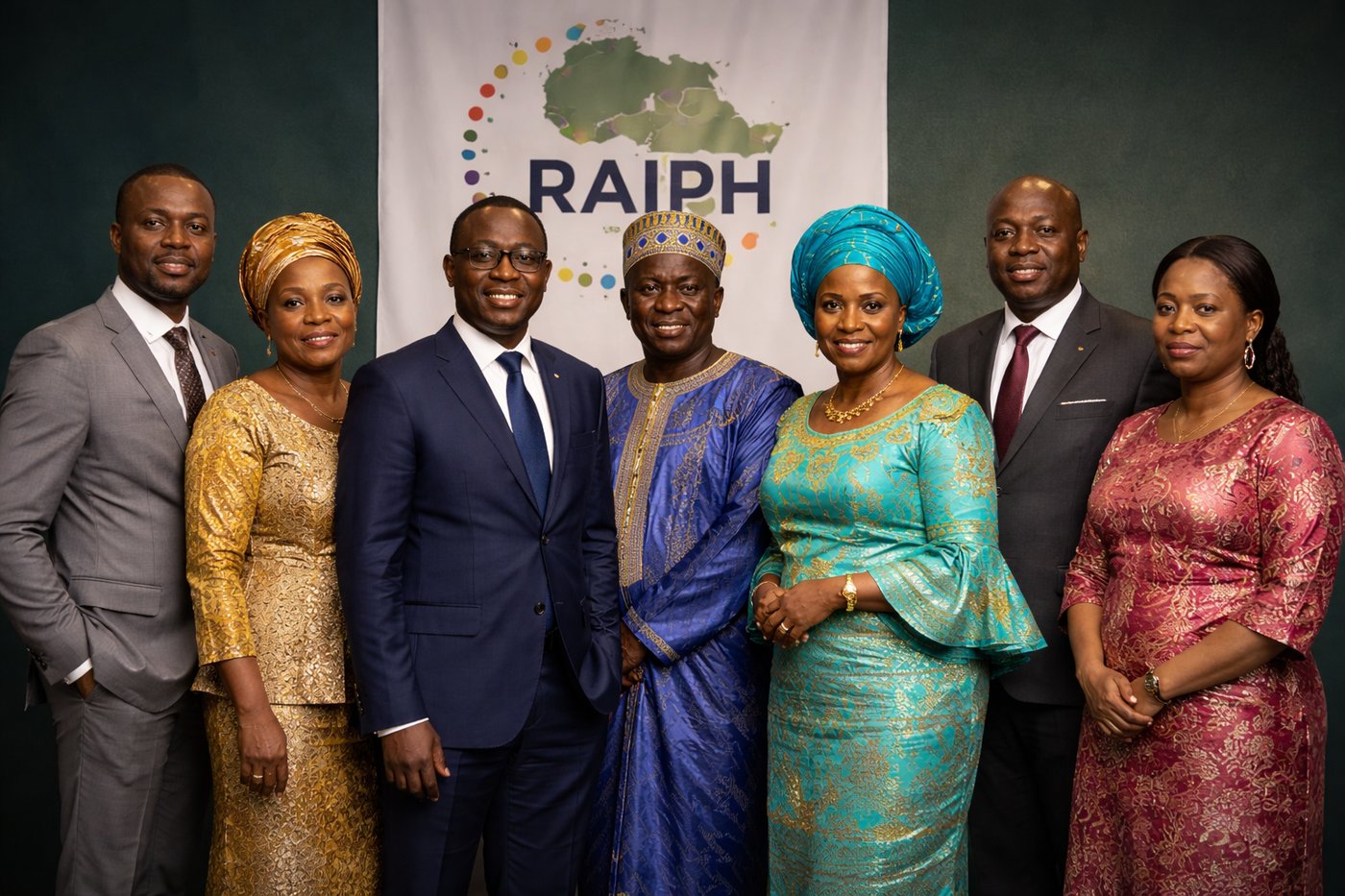 Les 7 membres du Directoire Africain du RAIPH devant le logo RAIPH