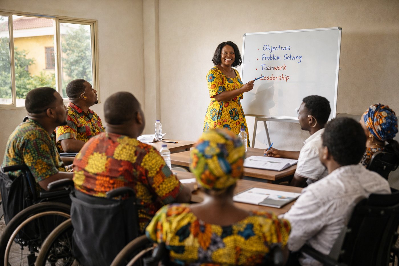 Femme formatrice africaine avec participants dont certains en fauteuil roulant