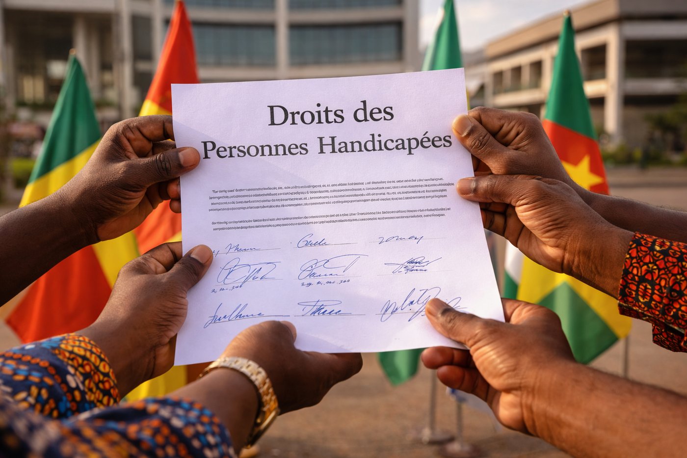 Mains tenant document Droits des Personnes Handicapées avec drapeaux africains