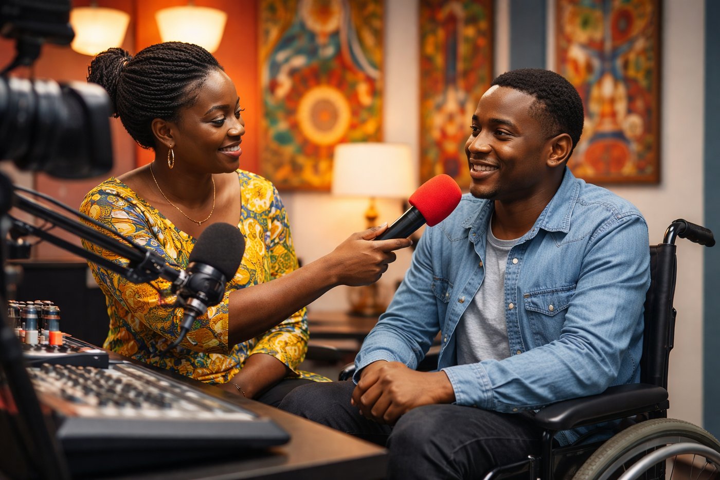 Journaliste africaine interviewant un homme en fauteuil dans un studio radio